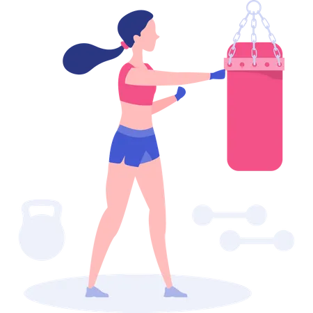 Chica practica con saco de boxeo para hacer ejercicio  Ilustración