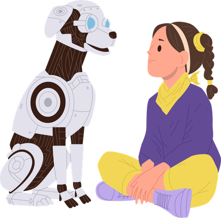 Niña preadolescente pasa tiempo con un perro robot como mascota doméstica  Ilustración