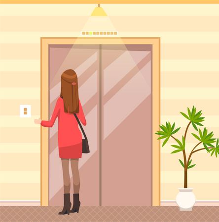 Chica presiona el botón de llamada del ascensor  Ilustración
