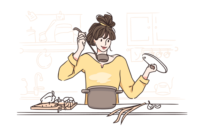 Chica probando comida mientras cocina  Ilustración