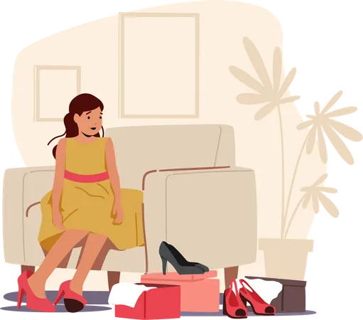 Nina Sentada En Un Sillon En El Probador De La Tienda Pruebese Zapatos Y Calzado Con Cajas Alrededor Personaje Infantil Femenino Elige Cambia Y Ajusta Zapatos Ilustracion De Vector De Personas De Dibujos Animados Ilustración