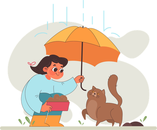 Niña protege a su gato de la lluvia  Ilustración