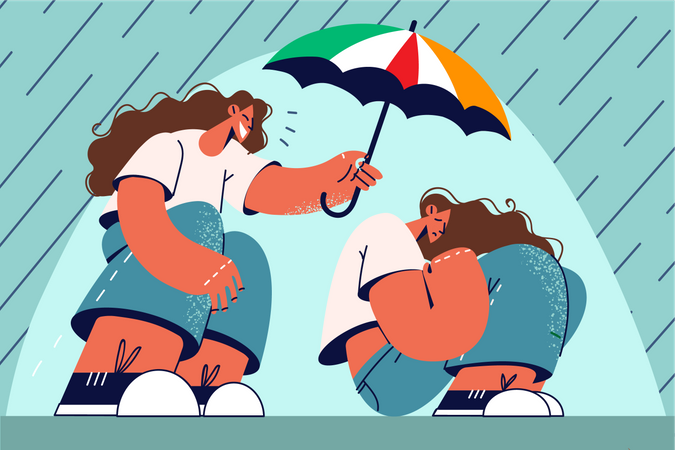 Chica protege a la chica bajo la lluvia  Ilustración