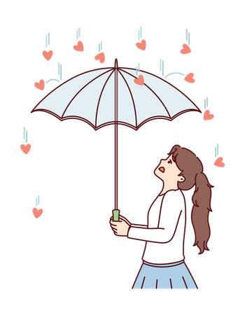 La niña se protege de la lluvia del corazón.  Ilustración