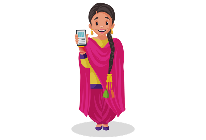 Chica punjabi sosteniendo el móvil en la mano  Ilustración