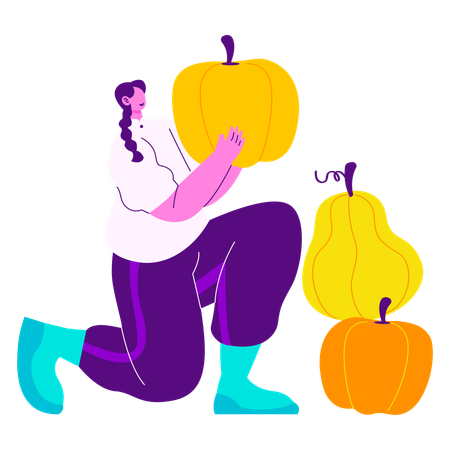 Niña recogiendo calabazas  Ilustración