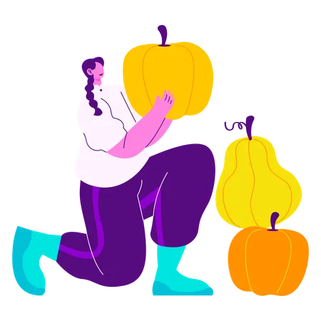 Niña recogiendo calabazas  Ilustración