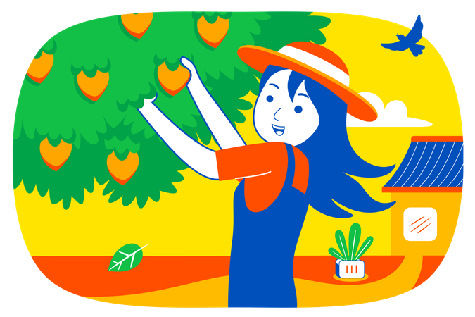 Chica recogiendo fruta del árbol  Ilustración