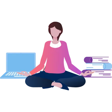 Chica reduciendo el estrés mediante la meditación.  Ilustración