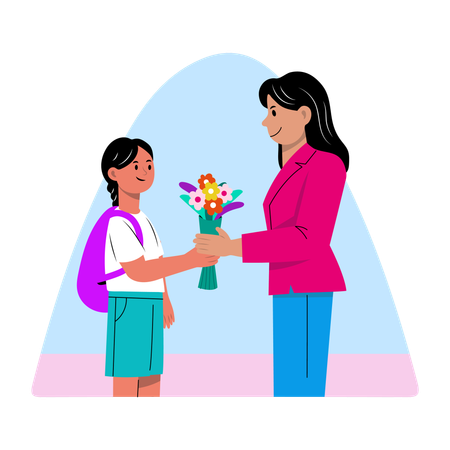 Niña regalando un ramo de flores en el Día del Maestro  Ilustración