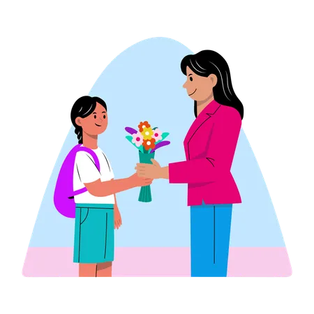 Niña regalando un ramo de flores en el Día del Maestro  Ilustración