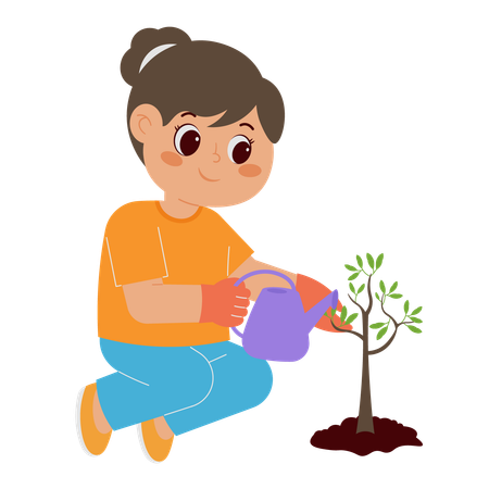 Niña regando la planta  Ilustración