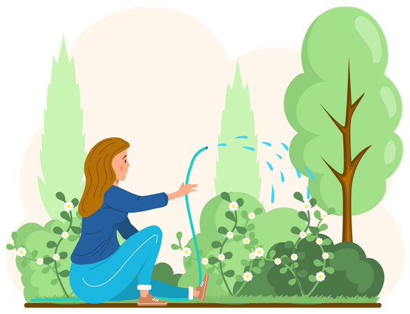 Niña regando plantas  Ilustración