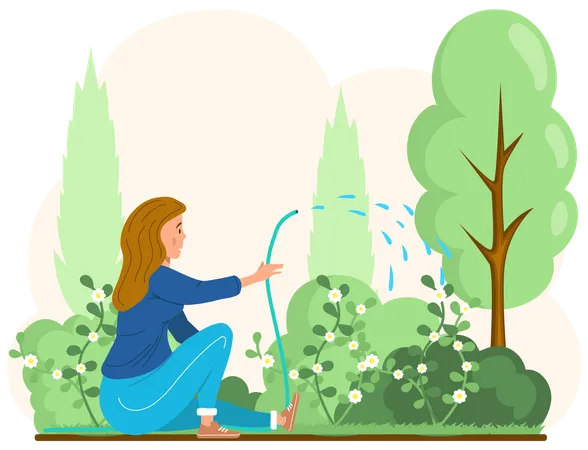 Niña regando plantas  Ilustración