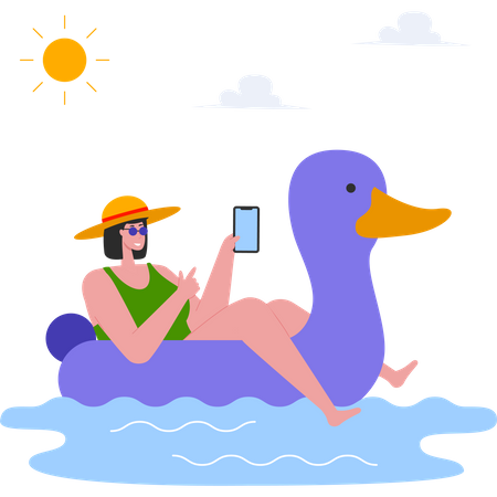 Chica relajándose en el anillo de pato de goma para nadar  Ilustración