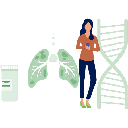 Chica revisando el informe de los pulmones en el móvil  Ilustración