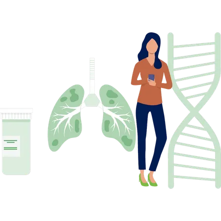 Chica revisando el informe de los pulmones en el móvil  Ilustración