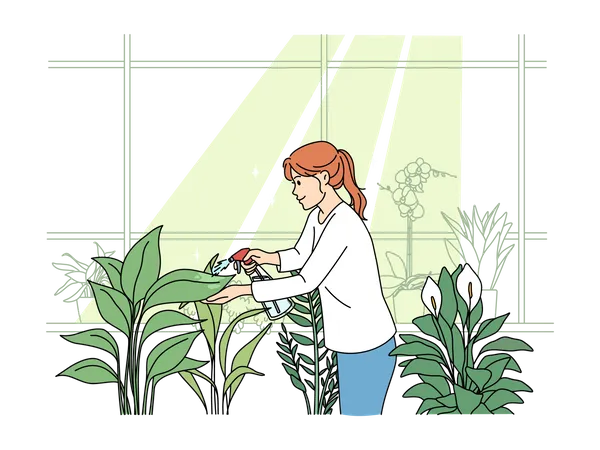 Chica rociando agua sobre las plantas  Ilustración