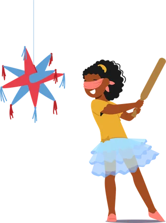 Niña rompe piñata en su fiesta de cumpleaños  Ilustración