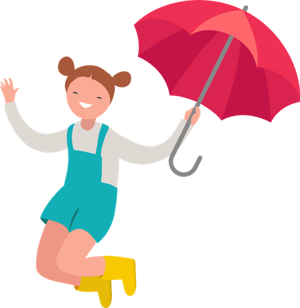 Chica saltando mientras sostiene el paraguas  Ilustración