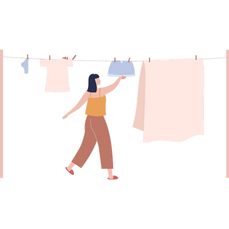 Niña secando ropa  Ilustración