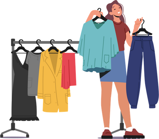 Chica seleccionando ropa en el centro comercial  Ilustración