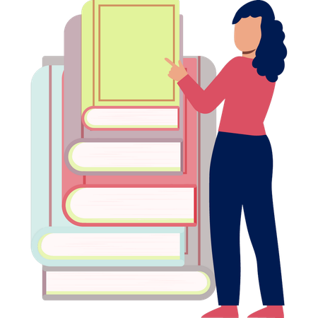 Chica señalando libros en Wikipedia  Ilustración