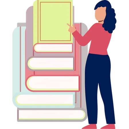 Chica señalando libros en Wikipedia  Ilustración