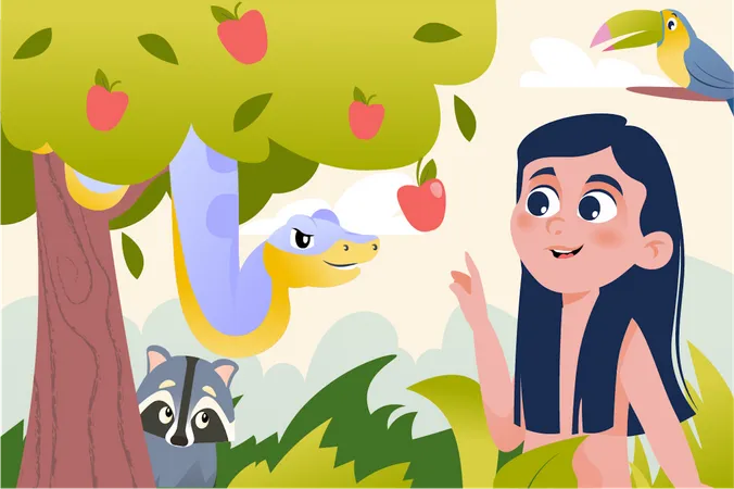 Chica señalando manzana con serpiente  Ilustración