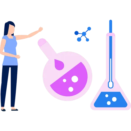 Chica señalando productos químicos en el laboratorio de ciencias  Ilustración