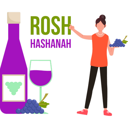 Chica señalando una botella de vino para Rosh Hashaná  Ilustración