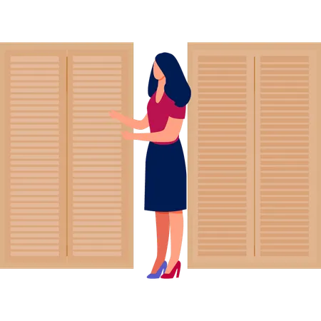 Niña señalando una puerta de madera  Ilustración