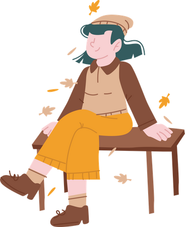 Chica sentada en un banco de madera  Ilustración