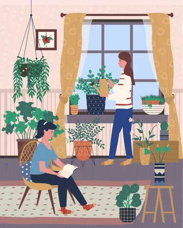 Chica sentada en casa y leyendo  Ilustración