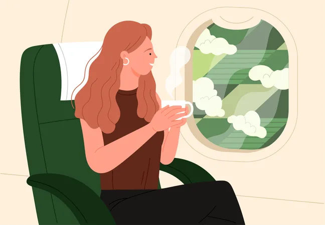 Chica sentada en el avión en el asiento de la ventana  Ilustración
