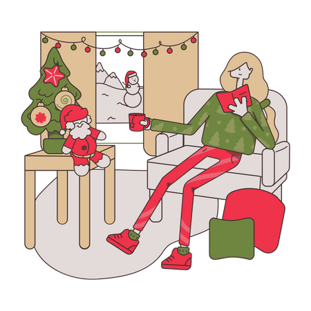 Chica sentada en el sofá en Navidad  Ilustración