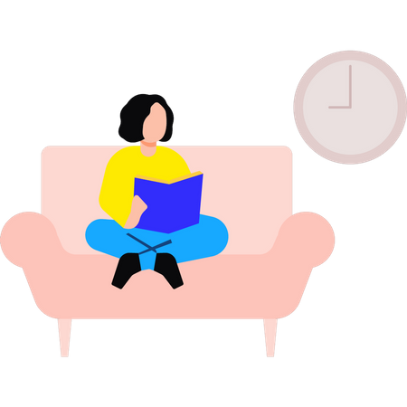 Niña sentada en el sofá leyendo un libro  Ilustración