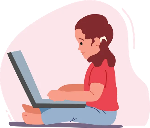 Niña sentada en el suelo con una computadora portátil  Ilustración