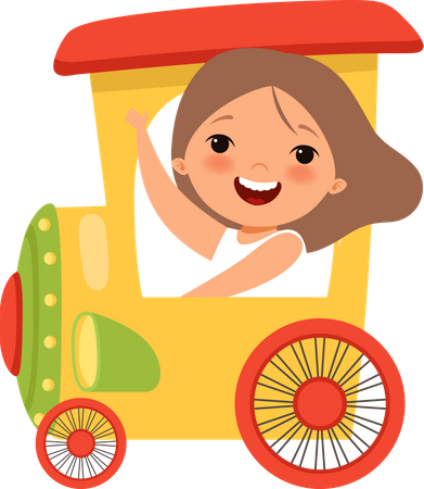 Niña sentada en un tren de juguete  Ilustración