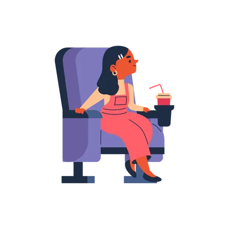 Niña sentada en un asiento de cine con un refresco  Ilustración