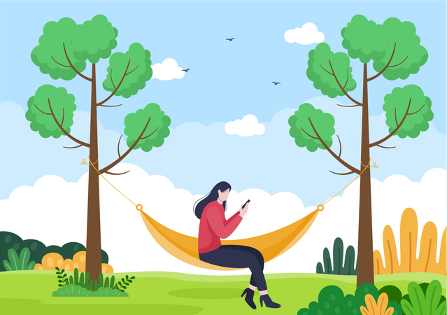 Chica sentada en una hamaca y mirando el teléfono inteligente  Ilustración