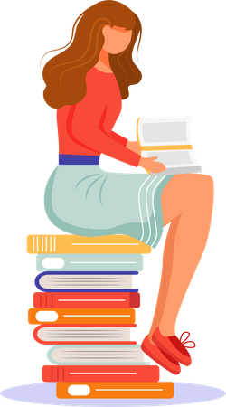 Chica sentada sobre una pila de libros de texto  Ilustración