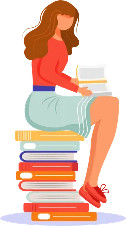 Chica sentada sobre una pila de libros de texto  Ilustración