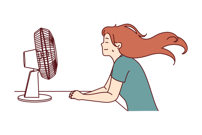Niña sentada frente al ventilador de mesa en verano  Ilustración