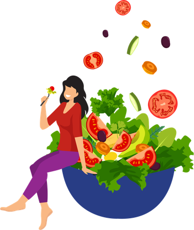 Chica sentada y comiendo ensalada  Ilustración