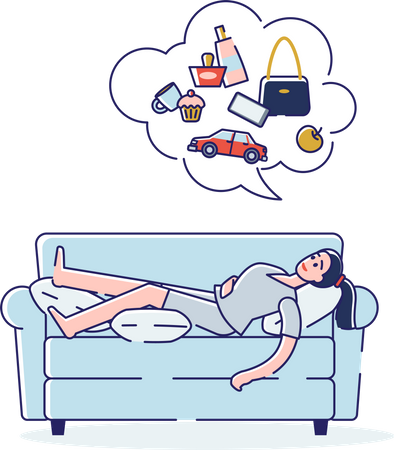 Chica insomne tumbada en el sofá soñando con el futuro  Ilustración