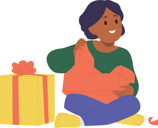 Niña sonriente abriendo la caja actual desenvolviendo regalos de cumpleaños  Ilustración