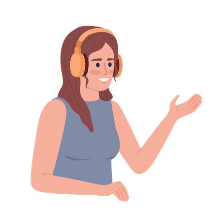 Chica sonriente con auriculares hablando  Ilustración