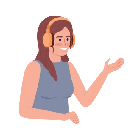 Chica sonriente con auriculares hablando  Ilustración