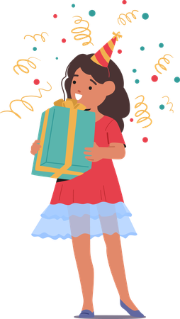 Niña irradia alegría y agarra una caja de regalo en su fiesta de cumpleaños  Ilustración